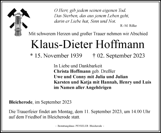 Traueranzeige von Klaus-Dieter Hoffmann von Thüringer Allgemeine