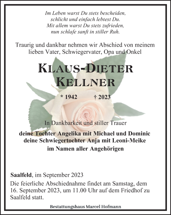 Traueranzeige von Klaus-Dieter Kellner von Ostthüringer Zeitung