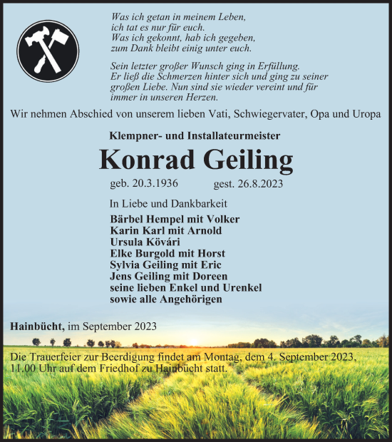 Traueranzeige von Konrad Geiling von Ostthüringer Zeitung