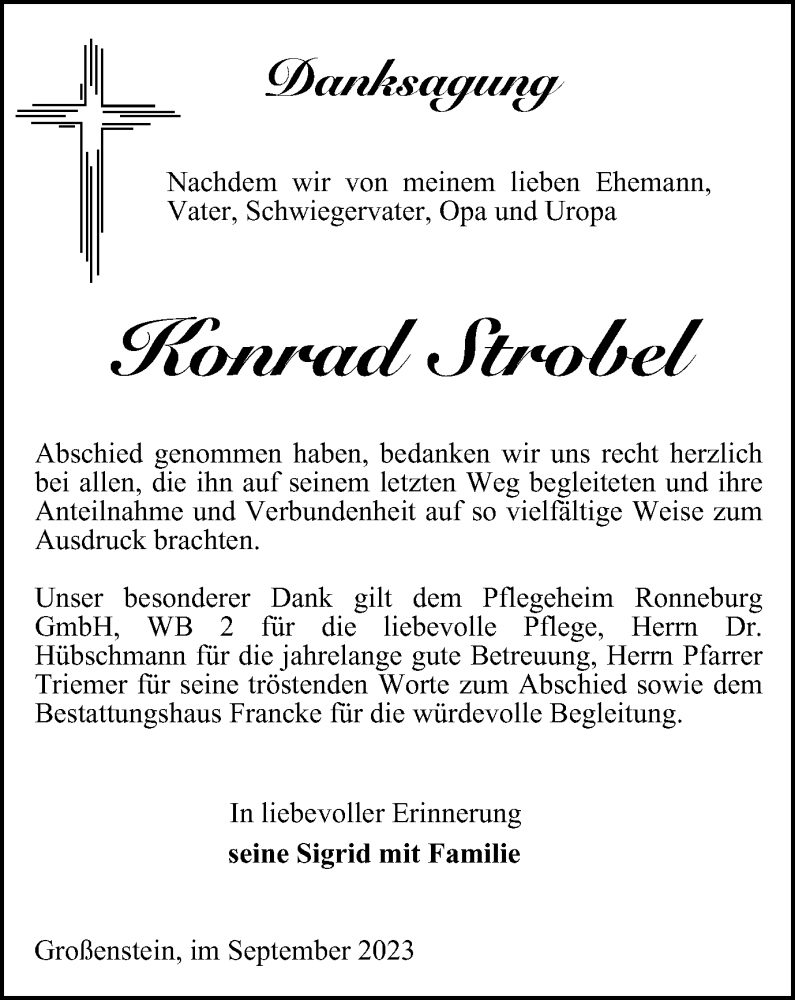  Traueranzeige für Konrad Strobel vom 09.09.2023 aus Ostthüringer Zeitung