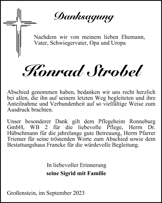 Traueranzeige von Konrad Strobel von Ostthüringer Zeitung