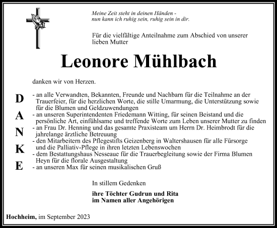 Traueranzeige von Leonore Mühlbach von Thüringer Allgemeine, Thüringische Landeszeitung