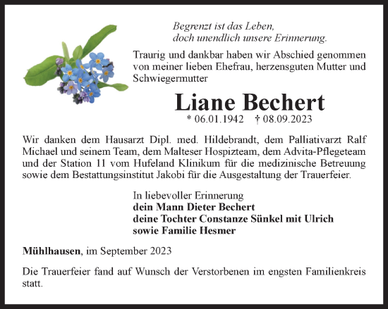 Traueranzeige von Liane Bechert von Thüringer Allgemeine, Thüringische Landeszeitung