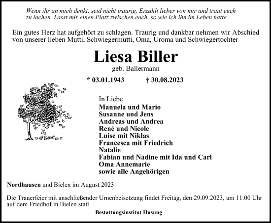 Traueranzeige von Liesa Biller von Thüringer Allgemeine