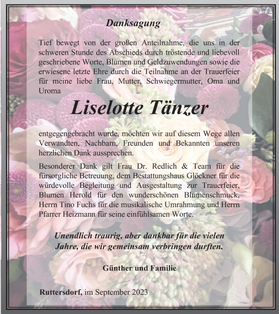 Traueranzeige von Liselotte Tänzer von Ostthüringer Zeitung