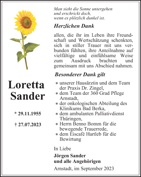 Traueranzeige von Loretta  Sander von Thüringer Allgemeine