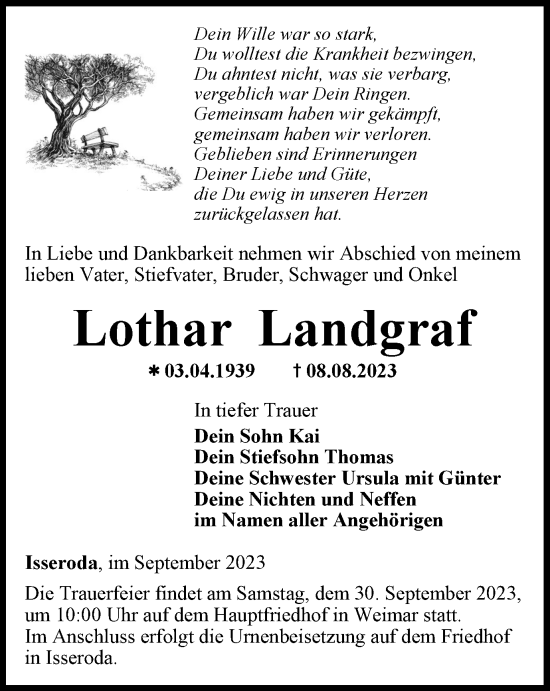 Traueranzeige von Lothar Landgraf von Thüringer Allgemeine, Thüringische Landeszeitung