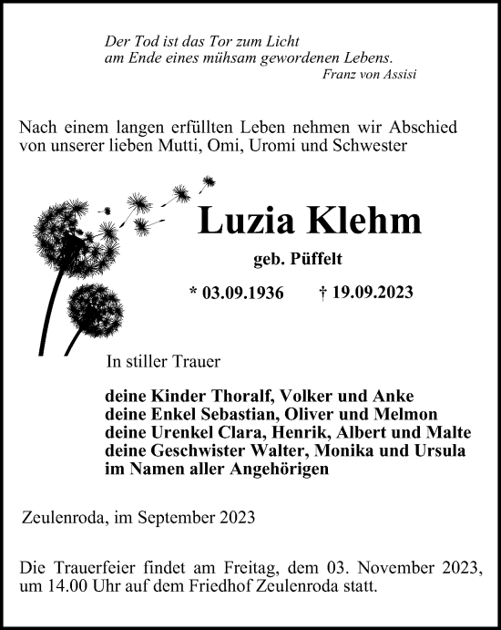 Traueranzeige von Luzia Klehm von Ostthüringer Zeitung