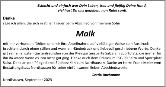 Traueranzeige von Maik Bachmann von Thüringer Allgemeine