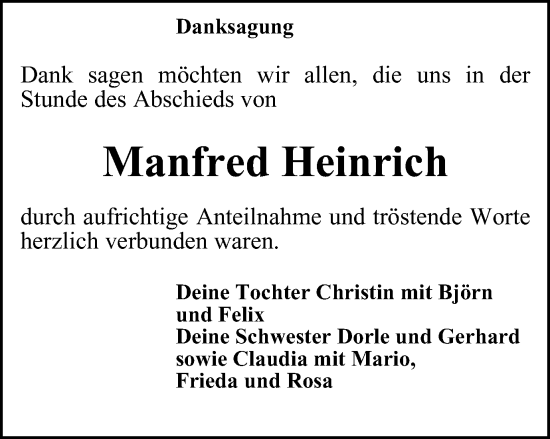Traueranzeige von Manfred Heinrich von Ostthüringer Zeitung, Thüringische Landeszeitung