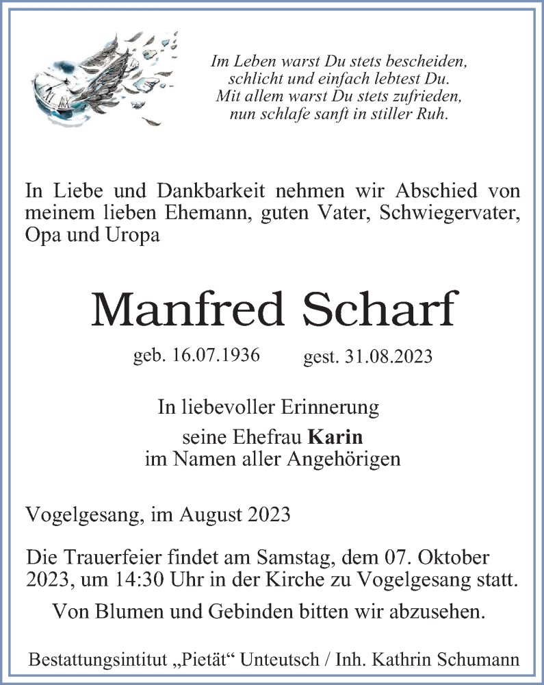  Traueranzeige für Manfred Scharf vom 09.09.2023 aus Ostthüringer Zeitung