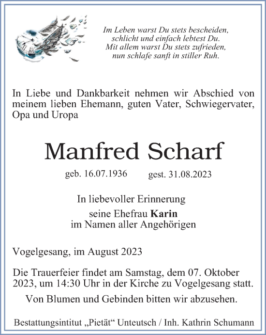 Traueranzeige von Manfred Scharf von Ostthüringer Zeitung