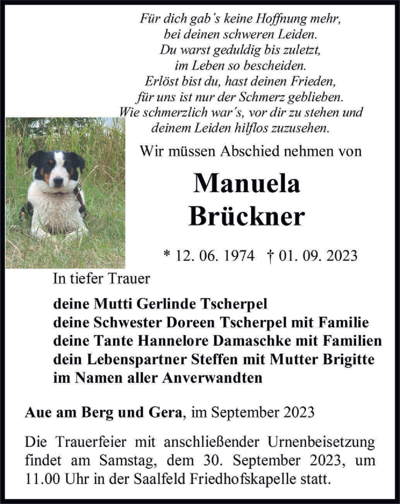  Traueranzeige für Manuela Brückner vom 23.09.2023 aus Ostthüringer Zeitung