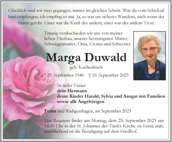 Traueranzeige von Marga Duwald von Thüringer Allgemeine