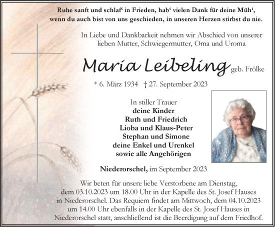 Traueranzeige von Maria Leibeling von Thüringer Allgemeine