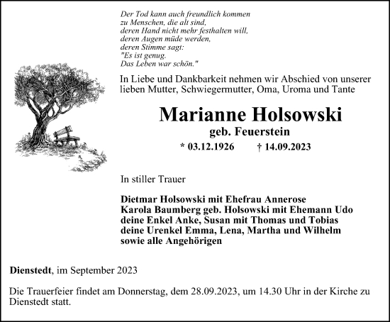 Traueranzeige von Marianne Holsowski von Thüringer Allgemeine