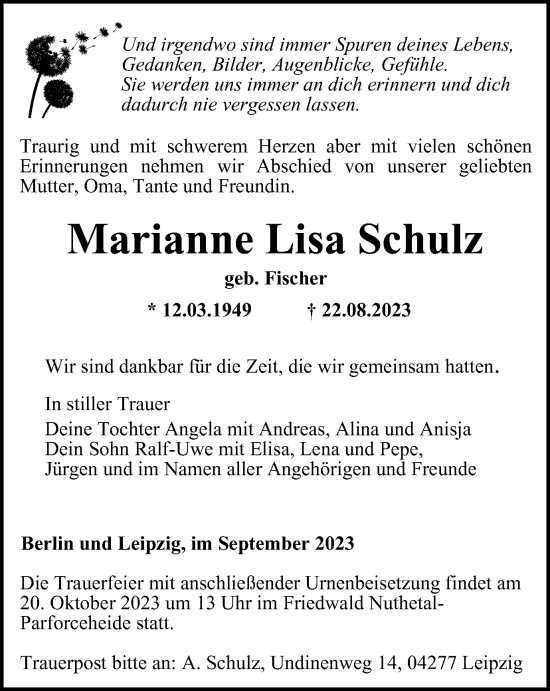 Traueranzeige von Marianne Lisa Schulz von Ostthüringer Zeitung