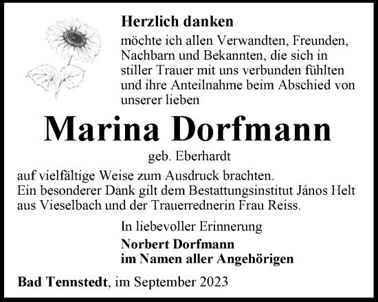 Traueranzeige von Marina Dorfmann von Thüringer Allgemeine, Thüringische Landeszeitung