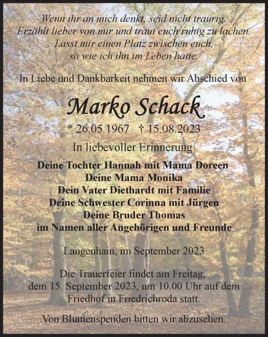 Traueranzeige von Marko Schack von Thüringer Allgemeine, Thüringische Landeszeitung