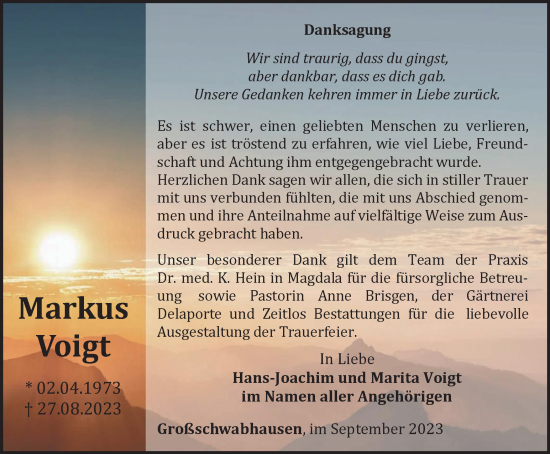 Traueranzeige von Markus Voigt von Ostthüringer Zeitung, Thüringische Landeszeitung