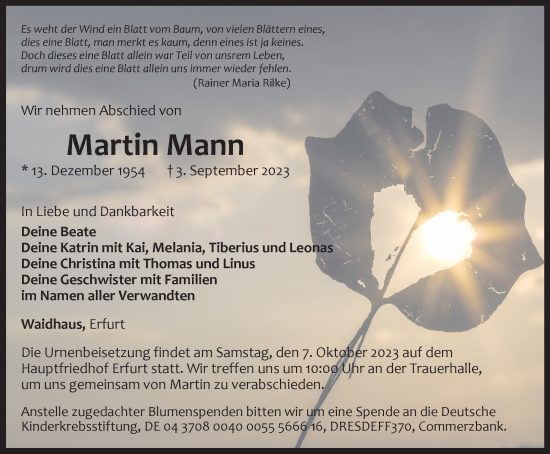 Traueranzeige von Martin Mann von Thüringer Allgemeine, Thüringische Landeszeitung