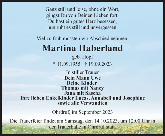 Traueranzeige von Martina Haberland von Thüringer Allgemeine, Thüringische Landeszeitung