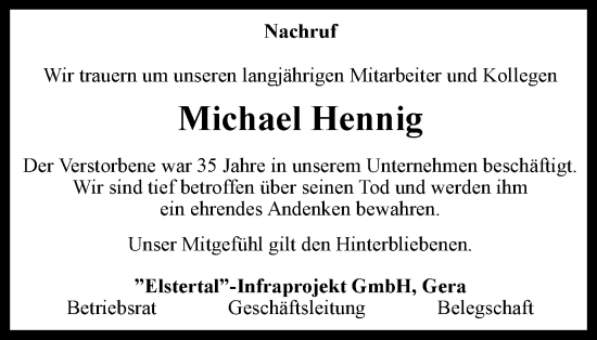 Traueranzeige von Michael Hennig von Ostthüringer Zeitung