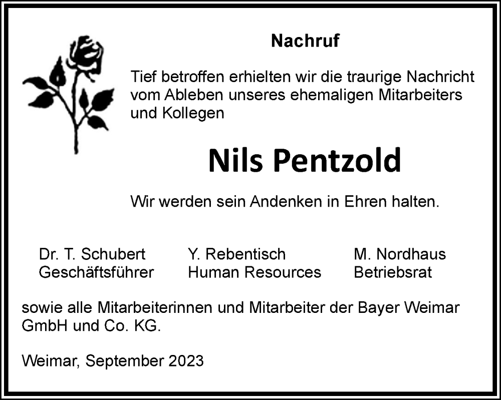  Traueranzeige für Nils Pentzold vom 16.09.2023 aus Ostthüringer Zeitung, Thüringische Landeszeitung