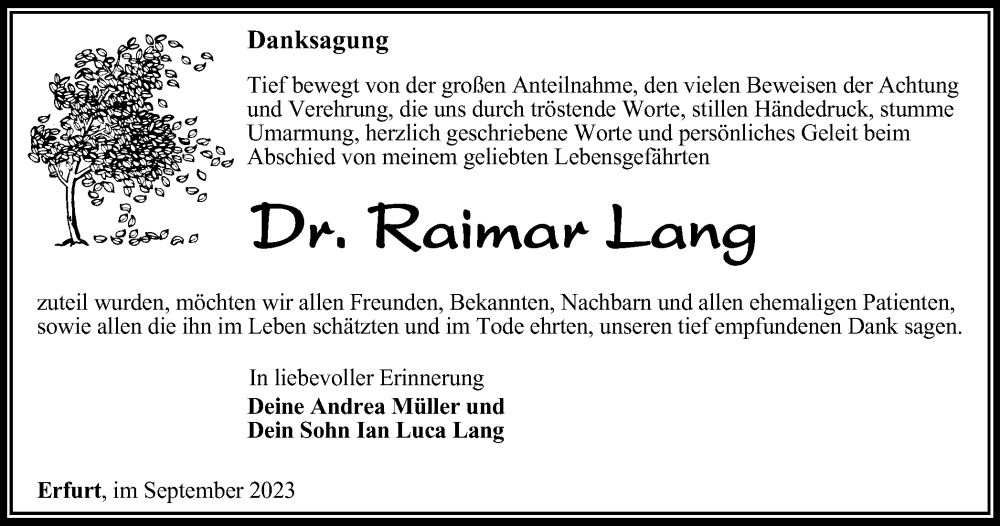  Traueranzeige für Raimar Lang vom 30.09.2023 aus Thüringer Allgemeine, Thüringische Landeszeitung
