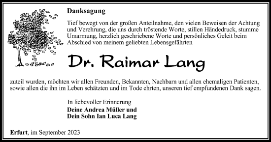 Traueranzeige von Raimar Lang von Thüringer Allgemeine, Thüringische Landeszeitung