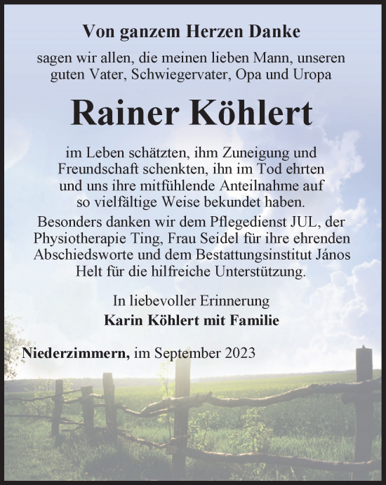 Traueranzeige von Rainer Köhlert von Thüringer Allgemeine, Thüringische Landeszeitung