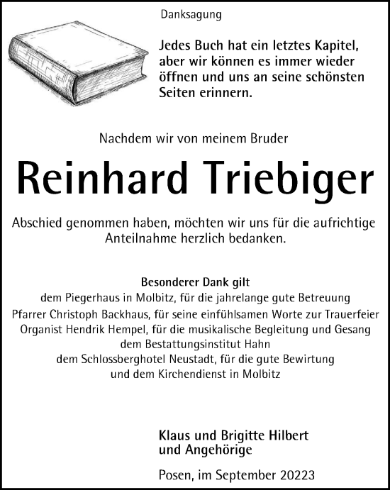 Traueranzeige von Reinhard Triebiger von Ostthüringer Zeitung