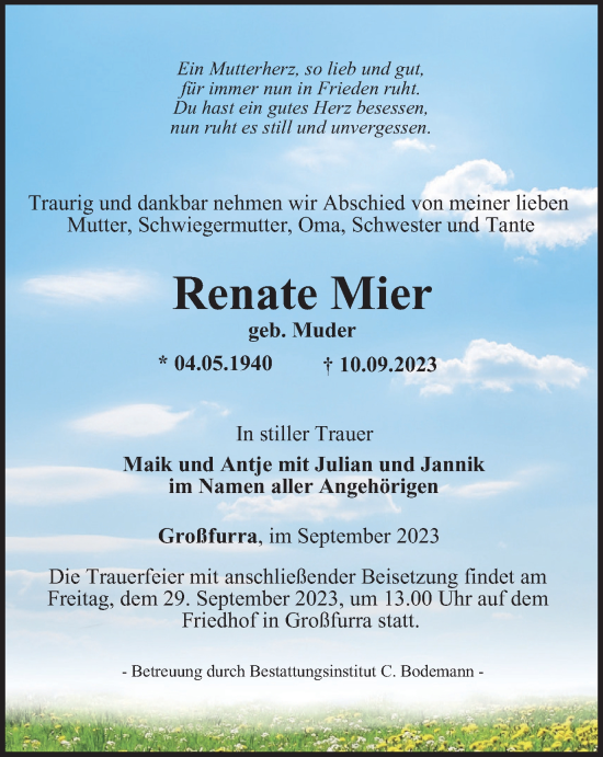 Traueranzeige von Renate Mier