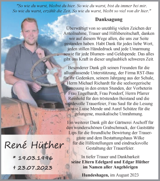 Traueranzeige von Rene Hüther von Thüringer Allgemeine