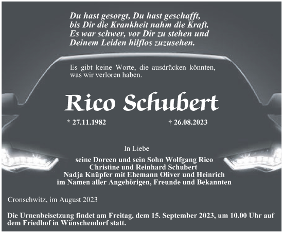 Traueranzeige von Rico Schubert
