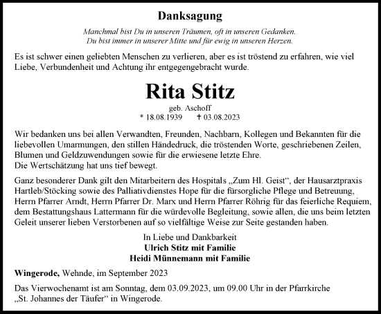 Traueranzeige von Rita Stitz von Thüringer Allgemeine