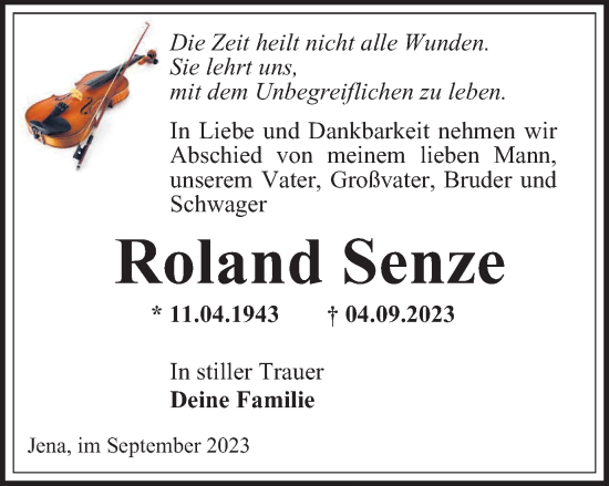 Traueranzeige von Roland Senze von Ostthüringer Zeitung, Thüringische Landeszeitung