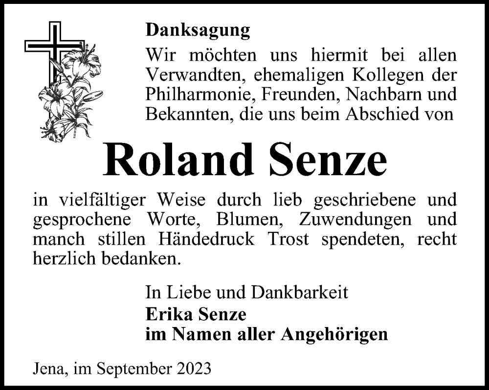  Traueranzeige für Roland Senze vom 30.09.2023 aus Ostthüringer Zeitung, Thüringische Landeszeitung