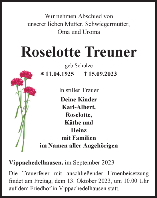 Traueranzeige von Roselotte Treuner von Thüringer Allgemeine, Thüringische Landeszeitung