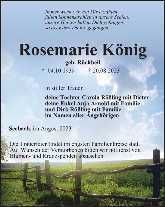 Traueranzeige von Rosemarie König von Thüringer Allgemeine, Thüringische Landeszeitung