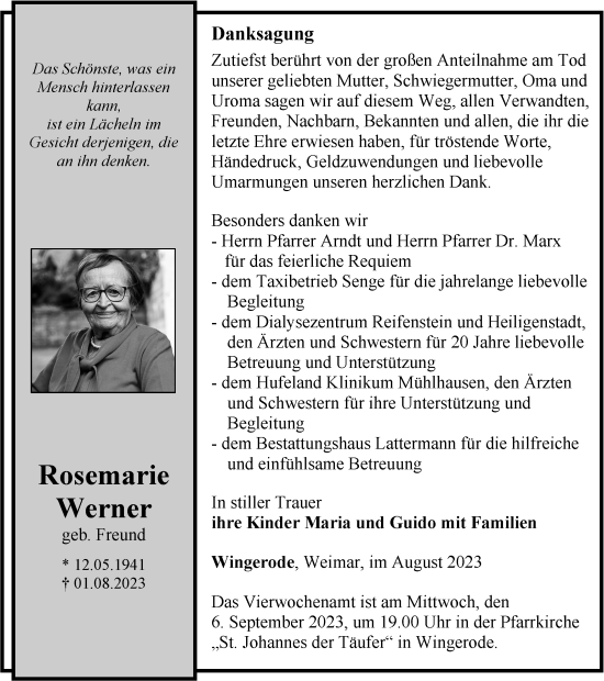 Traueranzeige von Rosemarie Werner von Thüringer Allgemeine