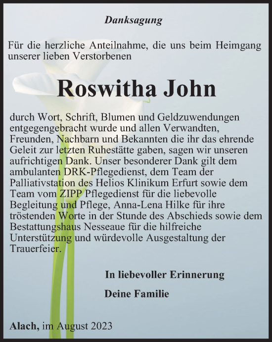 Traueranzeige von Roswitha John von Thüringer Allgemeine, Thüringische Landeszeitung