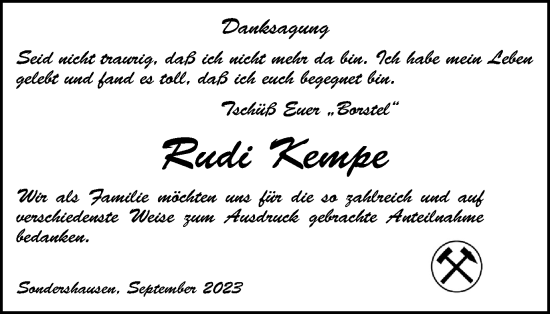 Traueranzeige von Rudi Kempe von Thüringer Allgemeine