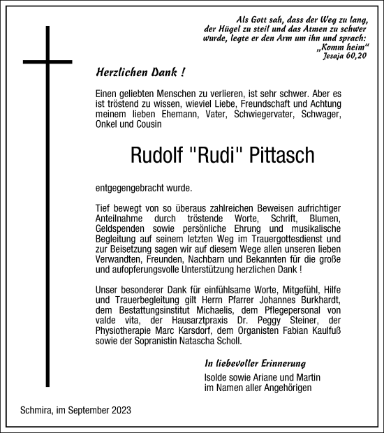 Traueranzeige von Rudolf  Pittasch von Thüringer Allgemeine, Thüringische Landeszeitung