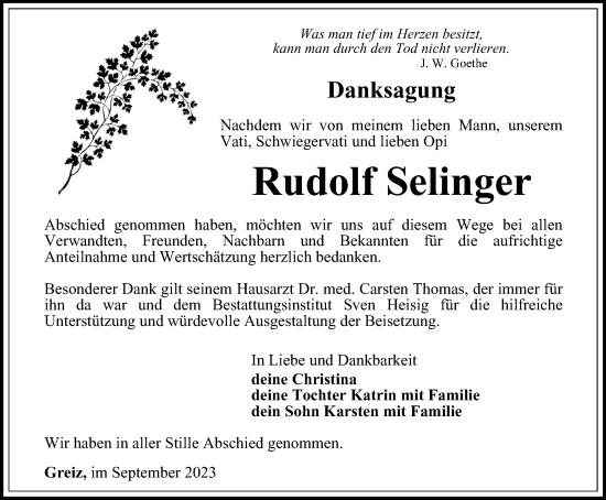 Traueranzeige von Rudolf Selinger von Ostthüringer Zeitung