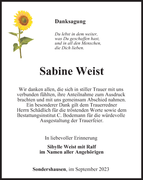 Traueranzeige von Sabine Weist