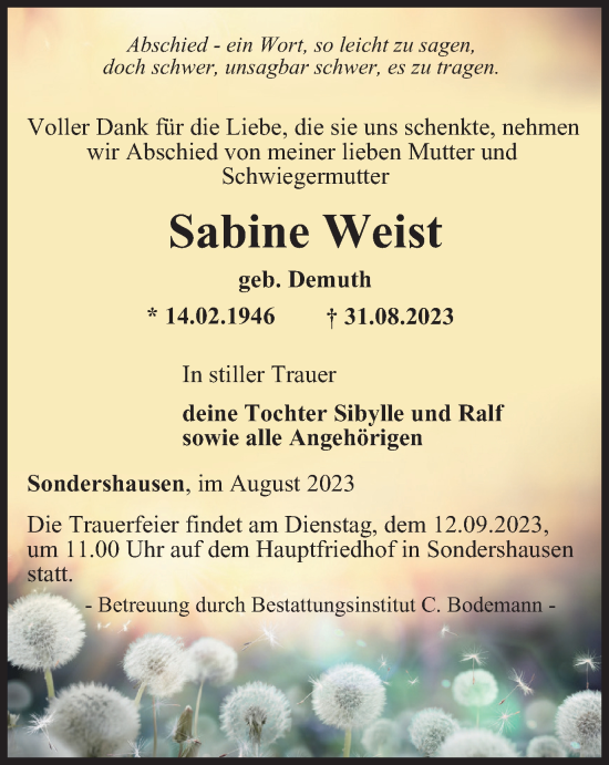 Traueranzeige von Sabine Weist