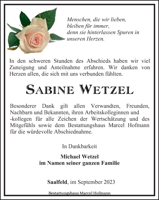 Traueranzeige von Sabine Wetzel