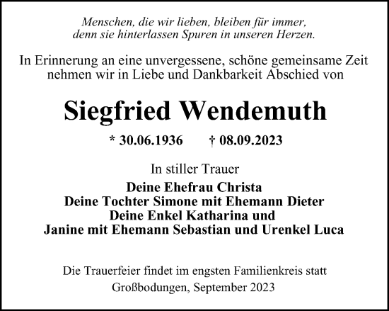 Traueranzeige von Siegfried Wendemuth von Thüringer Allgemeine