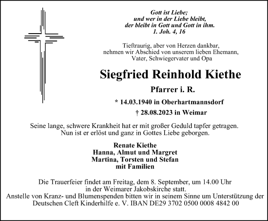 Traueranzeige von Siegfried Reinhold Kiethe von Thüringer Allgemeine, Thüringische Landeszeitung